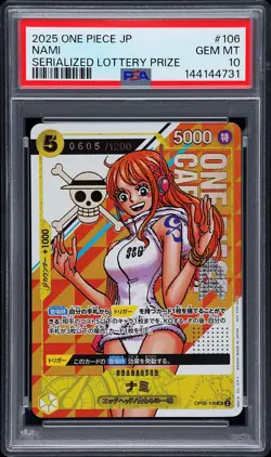 2025 ONE PIECE JPN PROMOS SERIALIZED LOTTERY PRIZE #106 NAMI 605/1200 PSA 10 - Image 1