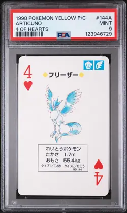 1998 POKEMON YELLOW VERSION PLAYING CARDS 4 OF HEARTS #144A ARTICUNO PSA 9 - Image 1