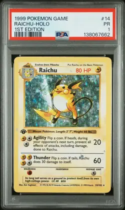 1999 POKEMON BASE SET 1ST EDITION #14 RAICHU-HOLO PSA 1 - Image 1