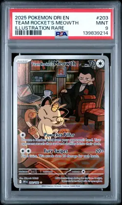 2025 POKEMON DRI EN-DESTINED RIVALS ILLUSTRATION RARE TEAM ROCKET'S MEOWTH PSA 9 - Image 1