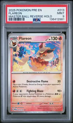2025 POKEMON PRE EN-PRISMATIC EVOLUTIONS MASTER BALL REVERSE HOLO FLAREON PSA 9 - Image 1