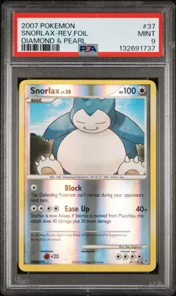 2007 POKEMON DIAMOND & PEARL #37 SNORLAX-REVERSE FOIL PSA 9 - Image 1