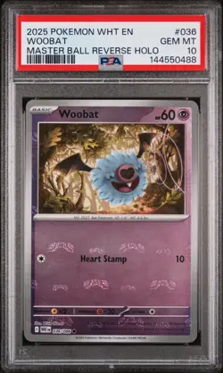 2025 POKEMON WHT EN-WHITE FLARE MASTER BALL REVERSE HOLO #036 WOOBAT PSA 10 - Image 1