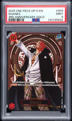 2025 ONE PIECE OP13-CARRYING ON HIS WILL 3RD ANNIVERSARY-GOLD #004 SHANKS PSA 9 - Image 1