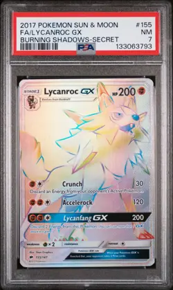 2017 POKEMON SUN & MOON BURNING SHADOWS SECRET #155 FULL ART/LYCANROC GX PSA 7 - Image 1