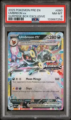 2025 POKEMON PRE EN-PRISMATIC EVOLUTIONS SURPRISE BOX EXCLUSIVE UMBREON EX PSA 8 - Image 1