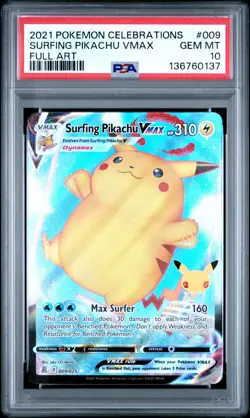 2021 POKEMON CELEBRATIONS #009 FULL ART/SURFING PIKACHU VMAX PSA 10 - Image 1