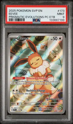 2025 POKEMON PRISMATIC EVOLUTIONS POKEMON CENTER ETB PROMO #173 EEVEE PSA 9 - Image 1