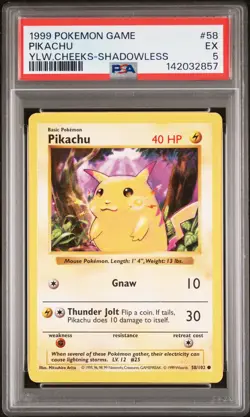 1999 POKEMON BASE SET YELLOW CHEEKS-SHADOWLESS #58 PIKACHU PSA 5 - Image 1
