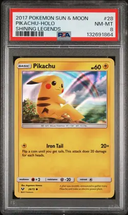 2017 POKEMON SUN & MOON SHINING LEGENDS #28 PIKACHU-HOLO PSA 8 - Image 1