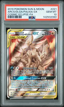 2019 POKEMON SM COSMIC ECLIPSE #221 FULL ART/ARCEUS & DIALGA & PALKIA GX PSA 10 - Image 1