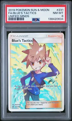 2019 POKEMON SUN & MOON UNIFIED MINDS #231 FULL ART/BLUE'S TACTICS PSA 8 - Image 1
