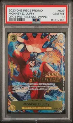 One Piece Cards PSA 10 Monkey D Luffy Pre-Release Winner Stamped Promo P-036 - Image 1