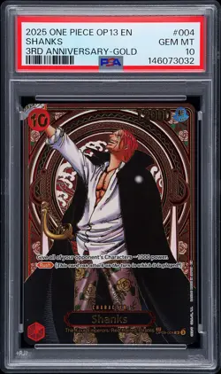 2025 ONE PIECE OP13-CARRYING ON HIS WILL 3RD ANNIV-GOLD #004 SHANKS PSA 10 - Image 1