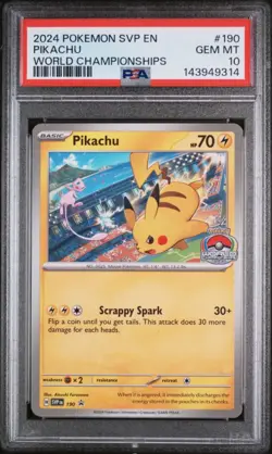 2024 POKEMON SVP EN-SV BLACK STAR PROMO WORLD CHAMPIONSHIPS #190 PIKACHU PSA 10 - Image 1
