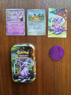 Prismatic Evolutions Espeon tin + NM Holos & Promo Card & Coin - Image 1