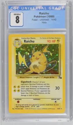 Pokemon TCG Raichu Fossil Holo Card 14/62 Unlimited Holo Rare CGC 8 - Image 1