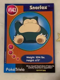 1999 Pokemon Snorlax #143 PokeTrivia Burger King Unperforated - Image 1