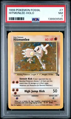 1999 POKEMON FOSSIL #7 HITMONLEE-HOLO PSA 7 - Image 1