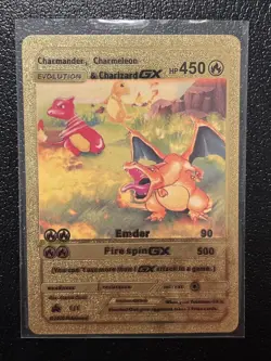 Pokemon Charmander, Charmeleon & Charizard GX HP450 Gold Foil Fan Art Card - Image 1