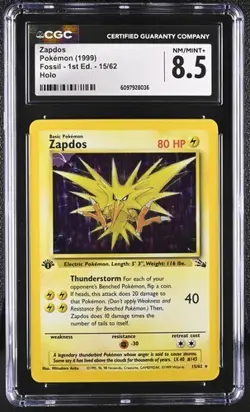 Zapdos Holo 1st Edition CGC 8.5 NM/MINT+ Pokemon (1999) Fossil 1st Edition 15/62 - Image 1