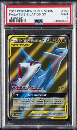 2019 POKEMON SUN & MOON TEAM UP #169 FULL ART/LATIAS & LATIOS GX PSA 9 - Image 1