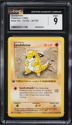 CGC 9 MINT Sandshrew Base Set 1st Edition Shadowless 62/102 Pokemon Card 1999 - Image 1