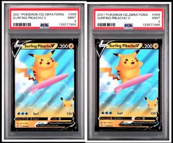 2021 Pokemon Celebrations Surfing Pikachu V 008 PSA 9 Mint Both Cards - Image 1