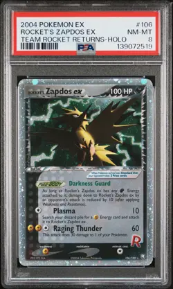2004 POKEMON EX TEAM ROCKET RETURNS #106 ROCKET'S ZAPDOS EX-HOLO PSA 8 - Image 1