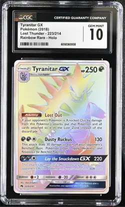 CGC 10 GEM MINT Tyranitar GX 223/214 Lost Thunder Secret Rare Holo Pokemon Card - Image 1