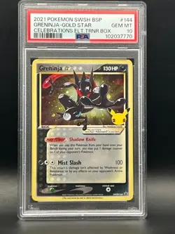 PSA Gem MT 10-Greninja Gold Star #144 BLACK STAR PROMO 2021 Pokemon Celebrations - Image 1