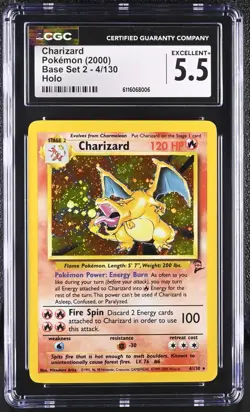 CGC 5.5 EXCELLENT + Charizard 4/130 Base Set 2 Holo Rare Pokemon Card 2000 - Image 1