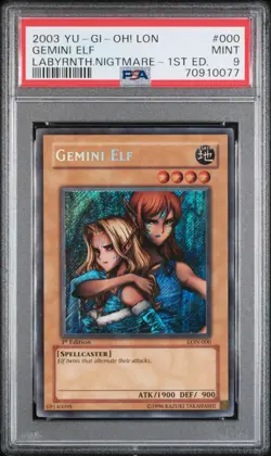 2003 Yu-Gi-Oh! Gemini Elf 1st Edition Secret Rare LON-000 PSA 9 FOIL BLEED - Image 1