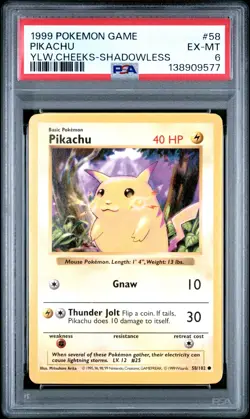 1999 POKEMON GAME YELLOW CHEEKS-SHADOWLESS #58 PIKACHU PSA 6 - Image 1