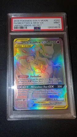 🔥2019 Pokemon Unified Minds Mewtwo & Mew GX #242/236 PSA 9 -Rainbow Secret Rare - Image 1