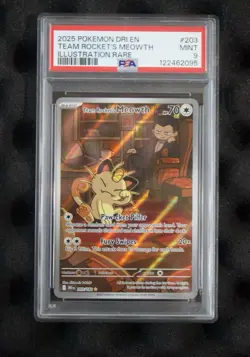 Pokemon TCG Destined Rivals Team Rockets Meowth Card 203/182 PSA 9 - Image 1