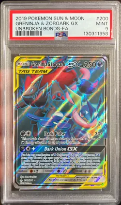 Pokemon Sun & Moon Unbroken Bonds Greninja & Zoroark Gx Tag Team 200/214 PSA 9 - Image 1