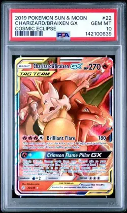 2019 POKEMON SM COSMIC ECLIPSE #22/236 CHARIZARD & BRAIXEN GX TAG TEAM PSA 10 - Image 1