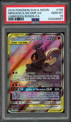 2019 Pokemon Unbroken Bonds Marshadow & Machamp GX 199/214 PSA 10 Gem Mint - Image 1