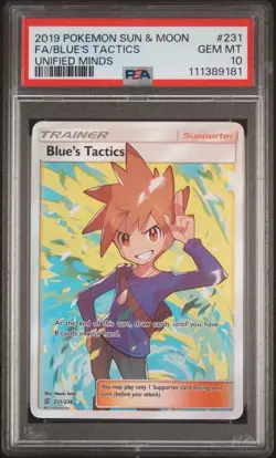 2019 POKEMON SUN & MOON UNIFIED MINDS #231 FULL ART/BLUE'S TACTICS PSA 10 - Image 1