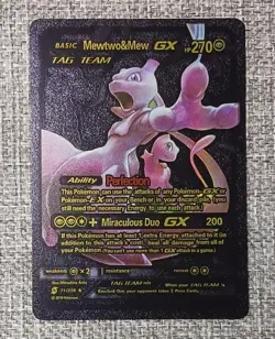 Tag Team Mewtwo & Mew GX Shiny Black Foil Fan Art Pokemon Card - Image 1