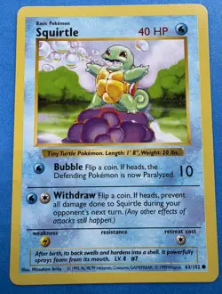 SQUIRTLE 63/102 SHADOWLESS Unlimited Set Vintage Near Mint 1999 Pokemon - Image 1