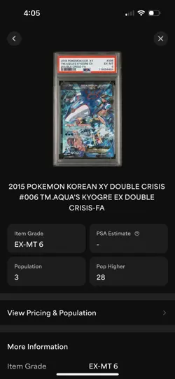 POP 3 PSA 6 Pokemon Korean Team Aqua's Kyogre EX 006/034 Double Crisis 2015 - Image 3