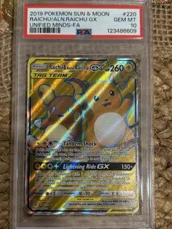 2019 POKEMON SUN & MOON UNIFIED MINDS FULL ART/RAICHU & ALOLAN RAICHU GX PSA 10 - Image 1