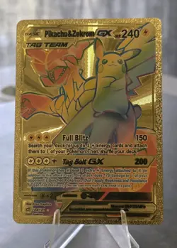 Pokemon Pikachu Zekrom GX 240hp Gold Foil Fan Art Collector Card TCG Rainbow - Image 1