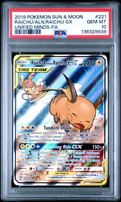 2019 POKEMON SUN & MOON UNIFIED MINDS FULL ART/RAICHU & ALOLAN RAICHU GX PSA 10 - Image 1