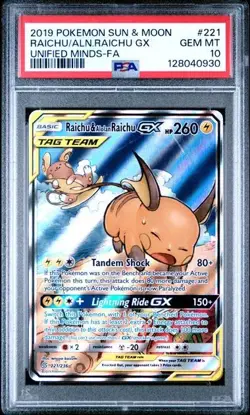 2019 POKEMON SUN & MOON UNIFIED MINDS FULL ART/RAICHU & ALOLAN RAICHU GX PSA 10 - Image 1