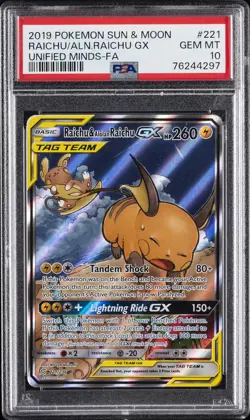 2019 POKEMON SUN & MOON UNIFIED MINDS FULL ART/RAICHU & ALOLAN RAICHU GX PSA 10 - Image 1