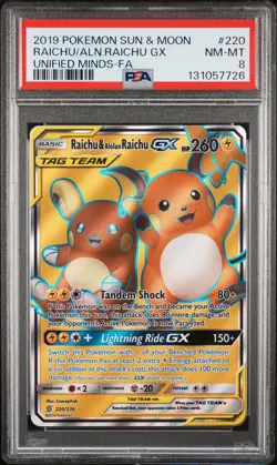2019 POKEMON SUN & MOON UNIFIED MINDS FULL ART/RAICHU & ALOLAN RAICHU GX PSA 8 - Image 1