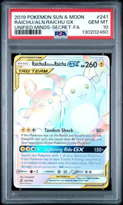 2019 POKEMON SUN & MOON UNIFIED MINDS FULL ART/RAICHU & ALOLAN RAICHU GX PSA 10 - Image 1